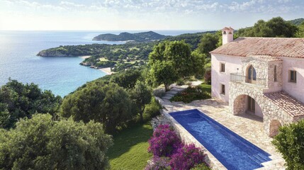Naklejka premium Mediterranean Villa Infinity Pool Ocean View Coastal Luxury Estate