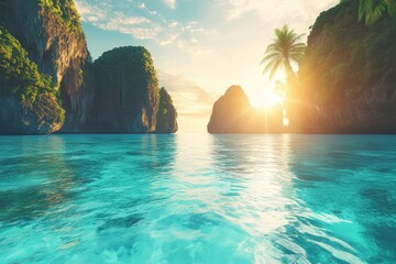 Sunrise over turquoise waters with rocky cliffs and palm trees in a tropical paradise