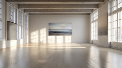 Obraz premium Bright and Spacious Room with Large Windows and Artwork on Wall
