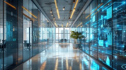 Modern office hallway with glass walls, digital holographic interface, and warm lighting, reflecting a futuristic and innovative workspace.