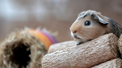 Adorable Guinea Pig in Colorful Playground  Pet  Rodent  Hay  Tunnel  Swing