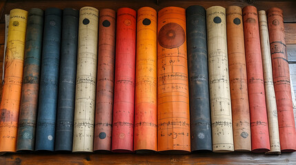 Naklejka premium Vintage music scrolls displayed on wooden surface