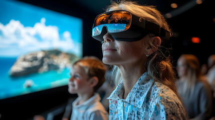 VR experience Woman and child enjoying virtual travel