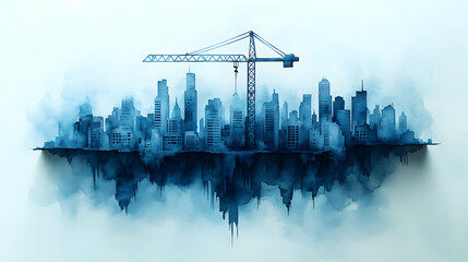 Obraz premium Watercolor city skyline with crane, construction