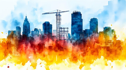 Watercolor cityscape skyline, construction in progress
