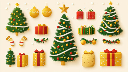 Festive Christmas design elements including trees, gifts, and ornaments create joyful holiday atmosphere