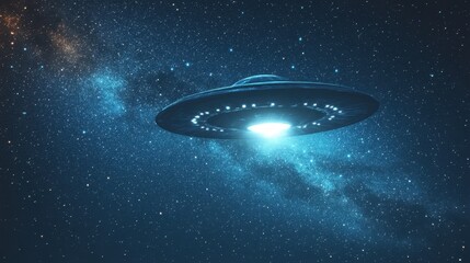 Obraz premium Mysterious ufo flying through the vast expanse of space among distant stars and cosmic dust in the night sky