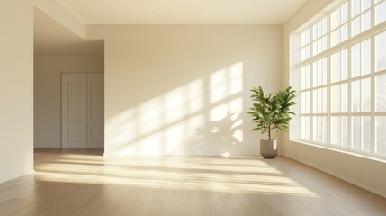Serene Empty Room with Natural Light and Indoor Plant Decoration