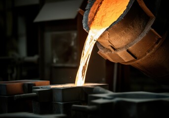 Pouring molten metal into foundry mold in a metal casting factory
