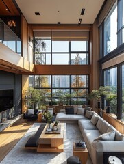 Luxurious modern living room with large windows and cityscape view