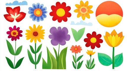 A vibrant collection of flat design flower illustrations featuring various shapes, colors, and decorative elements. The playful cartoon style makes this set ideal for graphic design projects, children