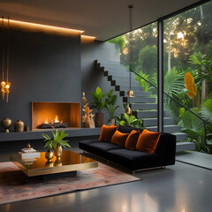 A low-profile black sofa, accented with burnt-orange velvet cushions, anchors the space, offering both style and comfort.