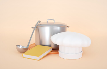Kitchen tools with chef's hat and book of recipes on a beige background. 3d-rendering