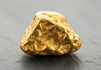 Close up of a gold nugget on a dark stone surface, symbolizing wealth, mining, and geological discovery