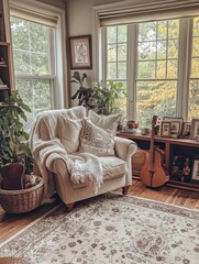 Obraz premium A comfy cozy armchair sits in a sunlit reading nook