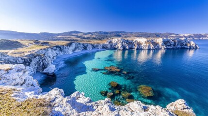 Fototapeta premium Stunning Coastal Cliffs Turquoise Ocean Aerial View White Rocks Beach Sunny Day Land