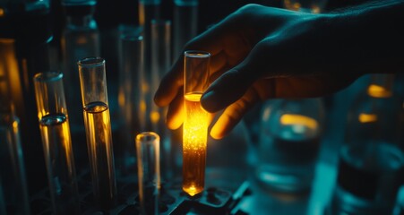 Scientist examining glowing liquid in test tube, lab filled with various tubes
