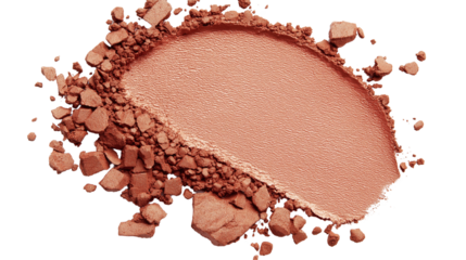 Compact bronzer texture with subtle crack details, warm terracotta tones, soft powder finish, isolated on white background, PNG format