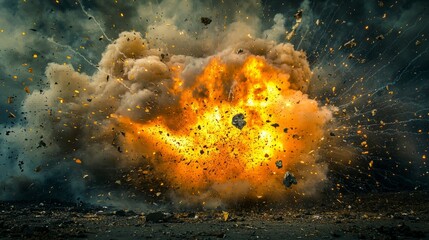 Dramatic Explosion with Bright Flames and Dark Smoke Clouds