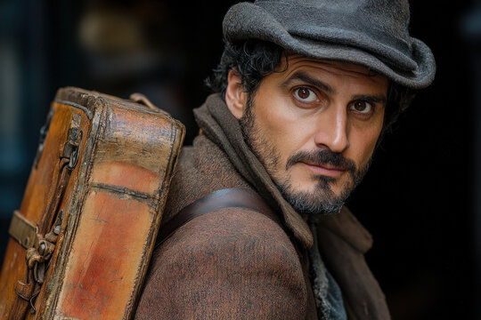 A 19th-century carpetbagger with a suitcase, historical and dramatic, post-Civil War theme