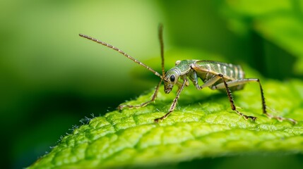 Naklejka premium Close-Up of a Green Grasshopper on a Leaf in Natural Setting