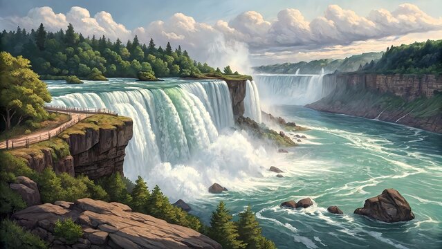 Illustration Stunning Niagara Falls: A Breathtaking Landscape of North America's Iconic Waterfalls for Travel and Tourism