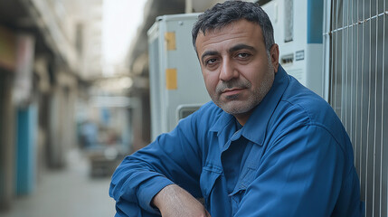 Service worker resting outdoors after a repair job. Focused and determined in a candid portrait. Cool tones, natural light.