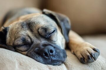 A peaceful, sleeping dog displaying tranquility in a cozy setting.