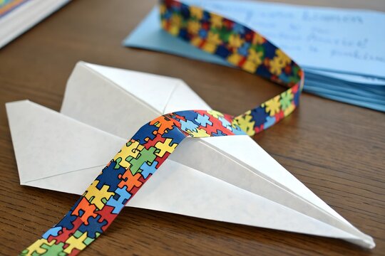 An origami-style paper plane featuring autism awareness colors and puzzle patterns, symbolizing creativity, inclusion, and the journey of neurodiversity.