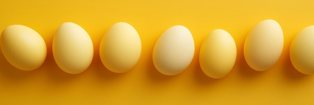 A serene display of yellow eggs arranged in a row on a smooth yellow background, suggesting warmth and comfort.