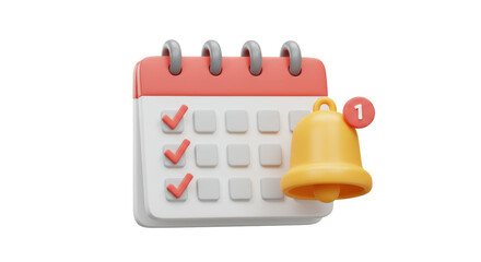 Isolated 3D Render of Calendar with Bell and Checkmarks