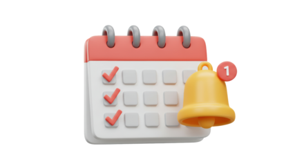 Isolated 3D Render of Calendar with Bell and Checkmarks