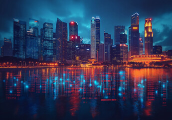 Obraz premium A dynamic stock market graph with the Singapore skyline in the background, highlighting blue and purple colors