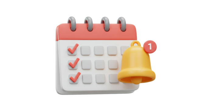Isolated 3D Render of Calendar with Bell and Checkmarks