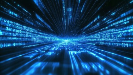 Obraz premium Digital background featuring blue numbers and binary code on a dark background, creating an atmosphere of digital technology and data flow in the virtual space Generative AI