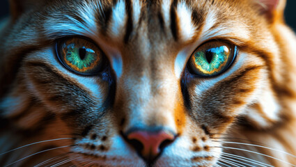 Majestic close-up of a feline with striking green eyes and detailed fur patterns captured in natural light