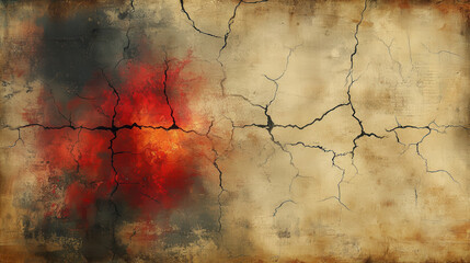 Cracked wall with red and orange hues, showcasing texture and depth