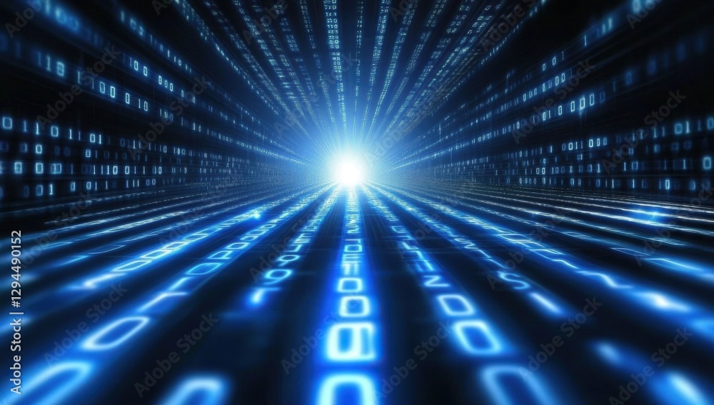 Poster digital background featuring blue numbers and binary code, representing data technology or software 