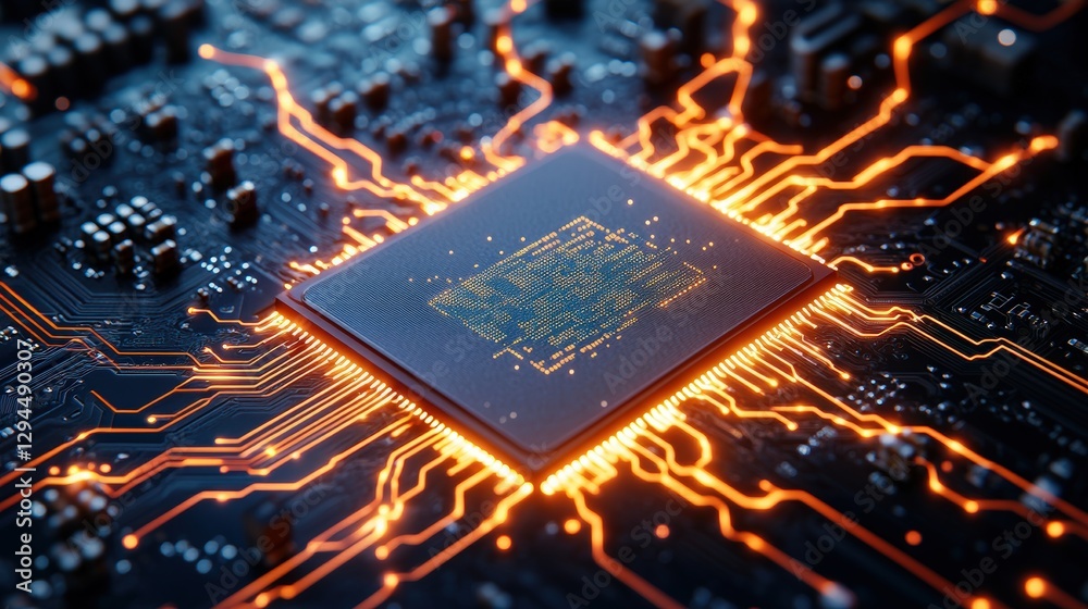 Poster close up of a computer chip on a circuit board with illuminated energy lines flowing through