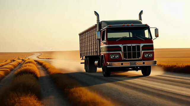 Classic red heavy-duty truck speeding down a dusty road in warm golden light, kicking up a trail of dust. Concept of strength and endurance