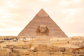 The Great Sphinx of Giza is a sphinx statue located in the Giza pyramids area in Cairo, Egypt.