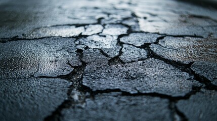 Detailed Close-up of Cracked Asphalt Surface with Texture and Patterns