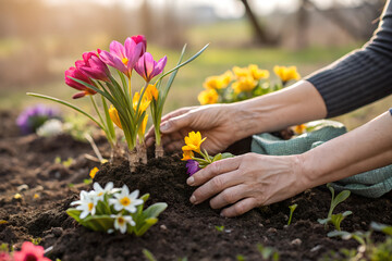 Close-up of hands planting colorful spring flowers in rich soil. Represents gardening, sustainability, and nature care.