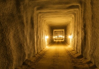 Fototapeta premium Salt mine tunnel showing mineral rich rocks and bright lights illuminating the path