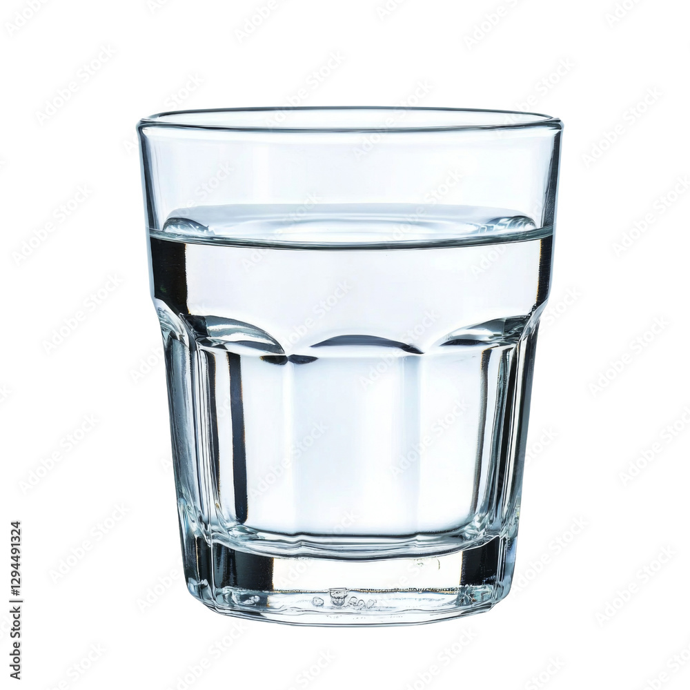 Poster clear glass filled with water, showcasing its transparency and simplicity. glass has modern design, 