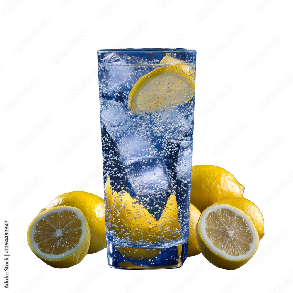 Poster refreshing lemon soda in tall glass with ice and lemon slices