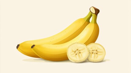 Ripe yellow bananas with sliced half on light background