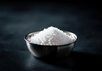 Small, mineral rich sea salt crystals are piled in a metal bowl, glistening under soft light against a dark background