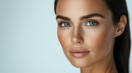 Naklejka premium portrait of beautiful caucasian brunette woman model 25 years old with blue eyes looking at camera, white studio background, copyspace