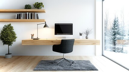 Fototapeta premium Cozy Scandinavian home office featuring a sleek desk and a winte